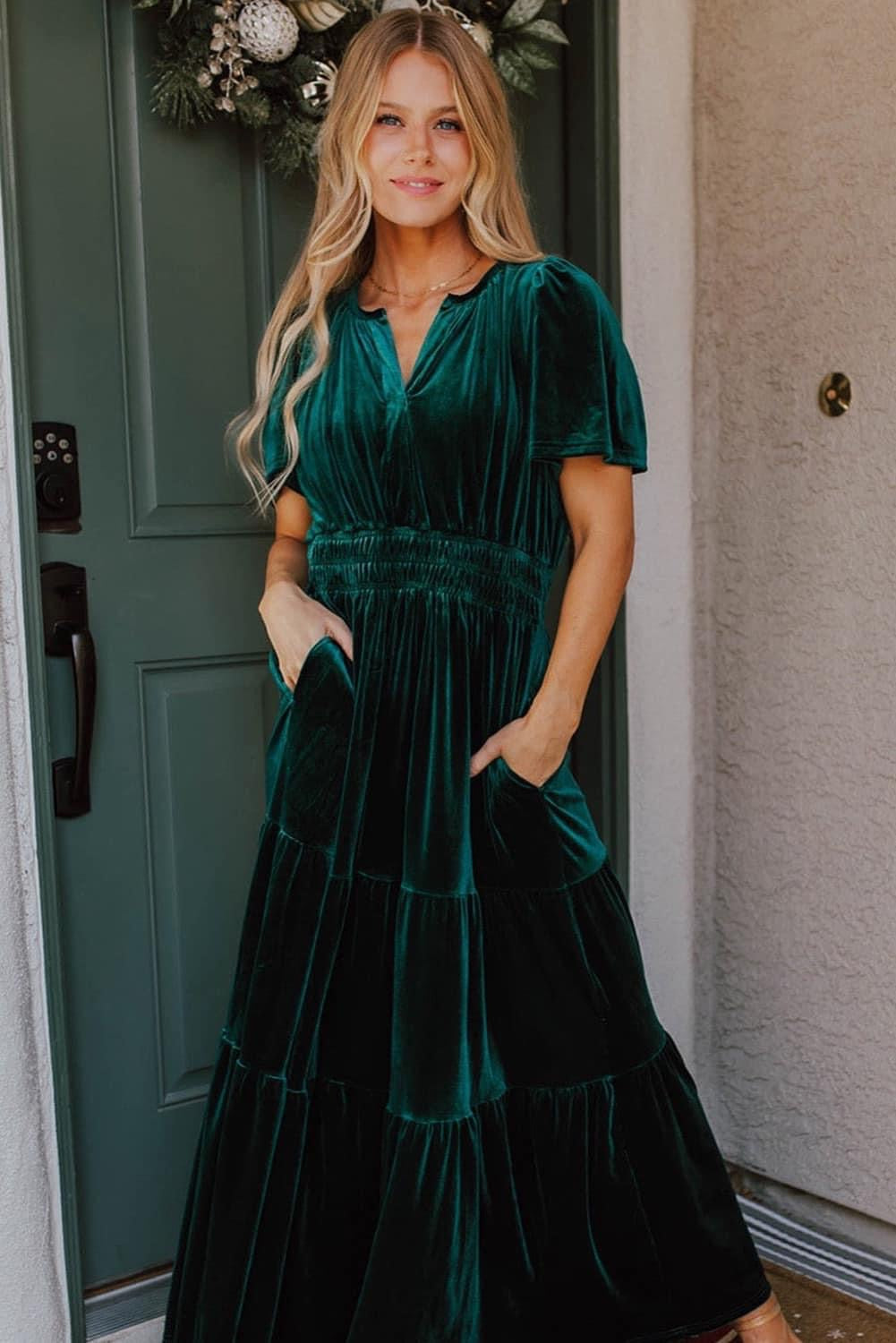 Red Dahlia Velvet Shirred Waist Tiered Maxi Dress