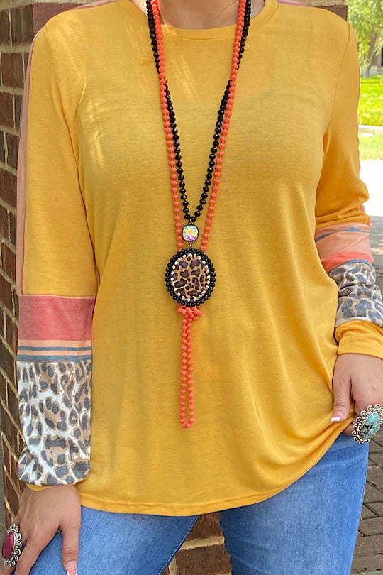 Yellow Long Sleeve Blouse w/ Leopard Color Block Detail