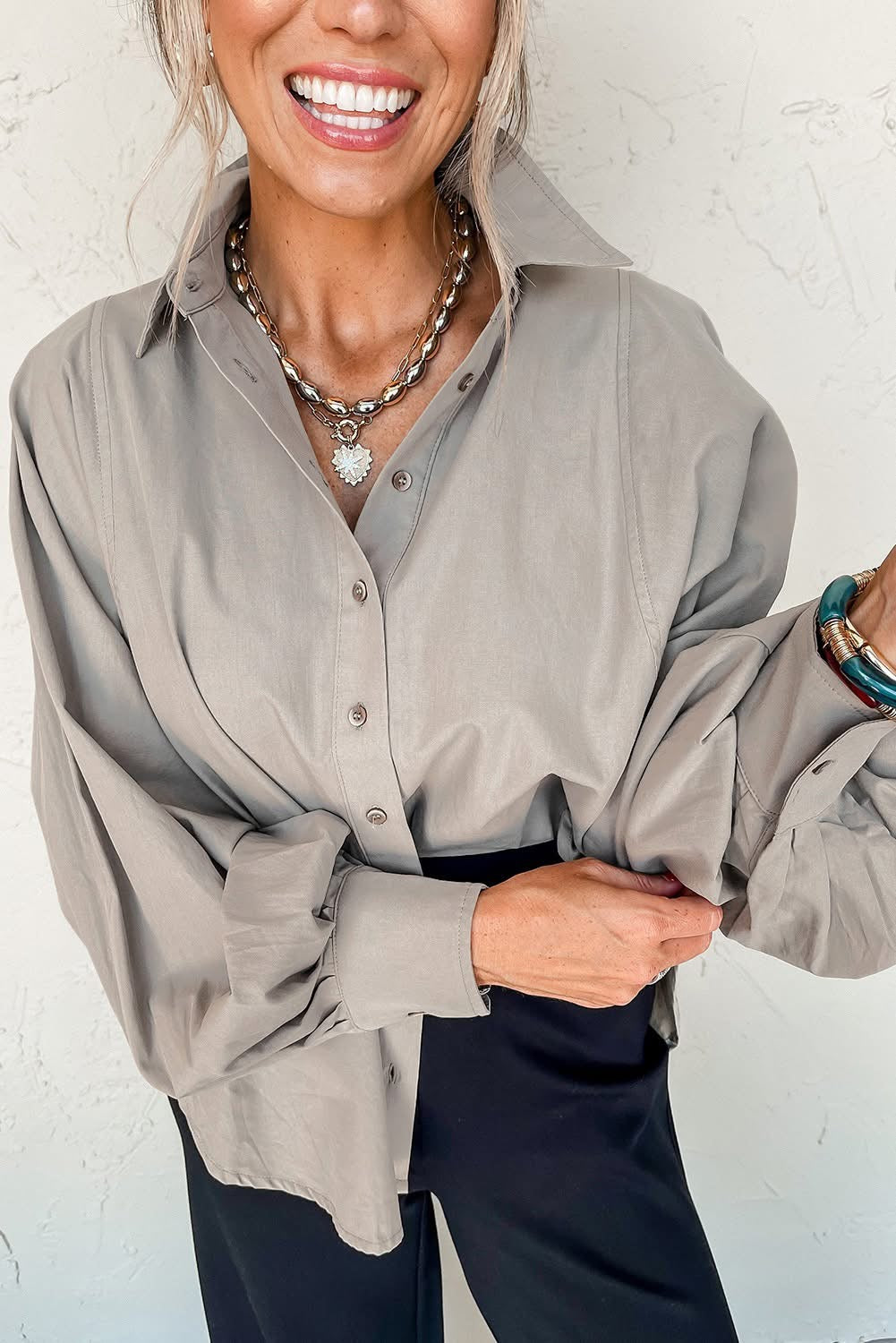 Retro Solid Color Side Slits Loose Fit Shirt