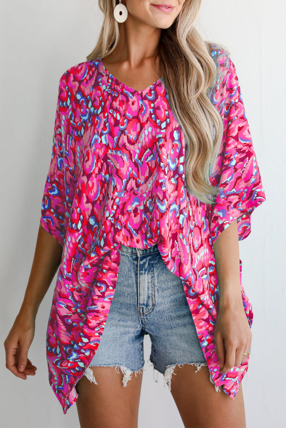 Pink Abstract Print V Neck Half Sleeve Loose Fit Tunic Blouse Wild and Free Boutique