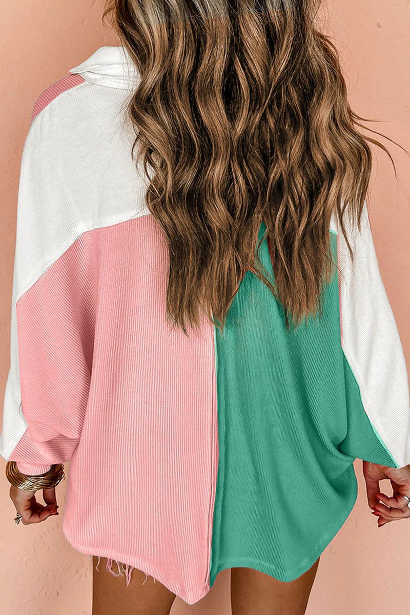 EASYGOING PINK OVERSIZED BUTTON RIBBED TOP **SHIPPING EXPECTED TO BEGIN ON DATE 10/25**