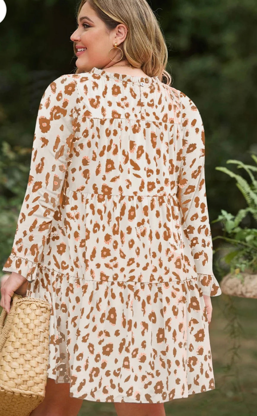 Plus Size Leopard Ruffle Sleeve Mini Dress