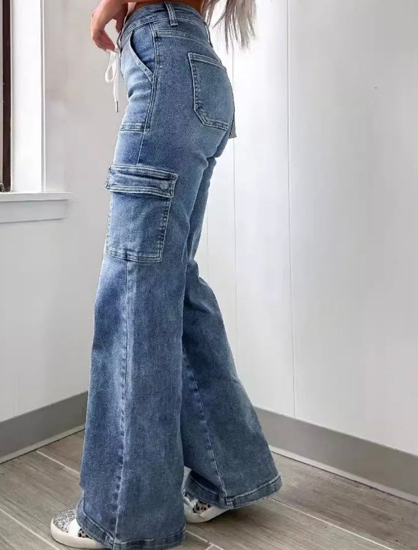 Washed Lace-up Cargo Jeans