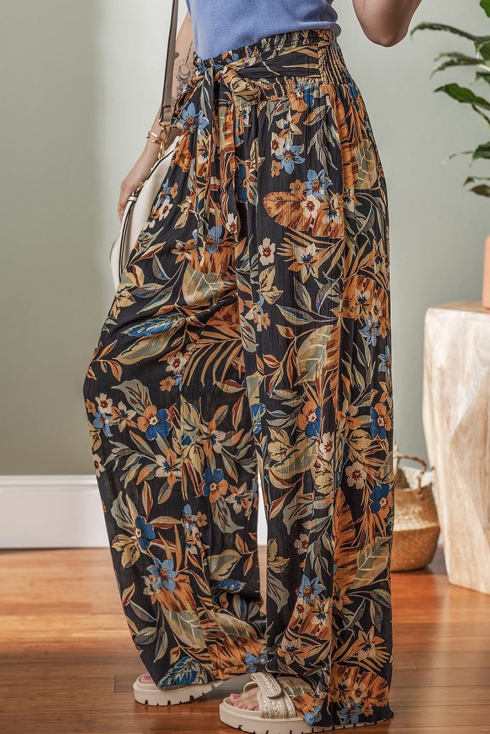 Multicolour Floral Shirred Pants with tie