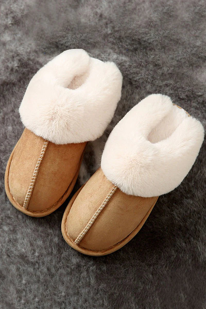 Camel Faux Suede Plush Slippers