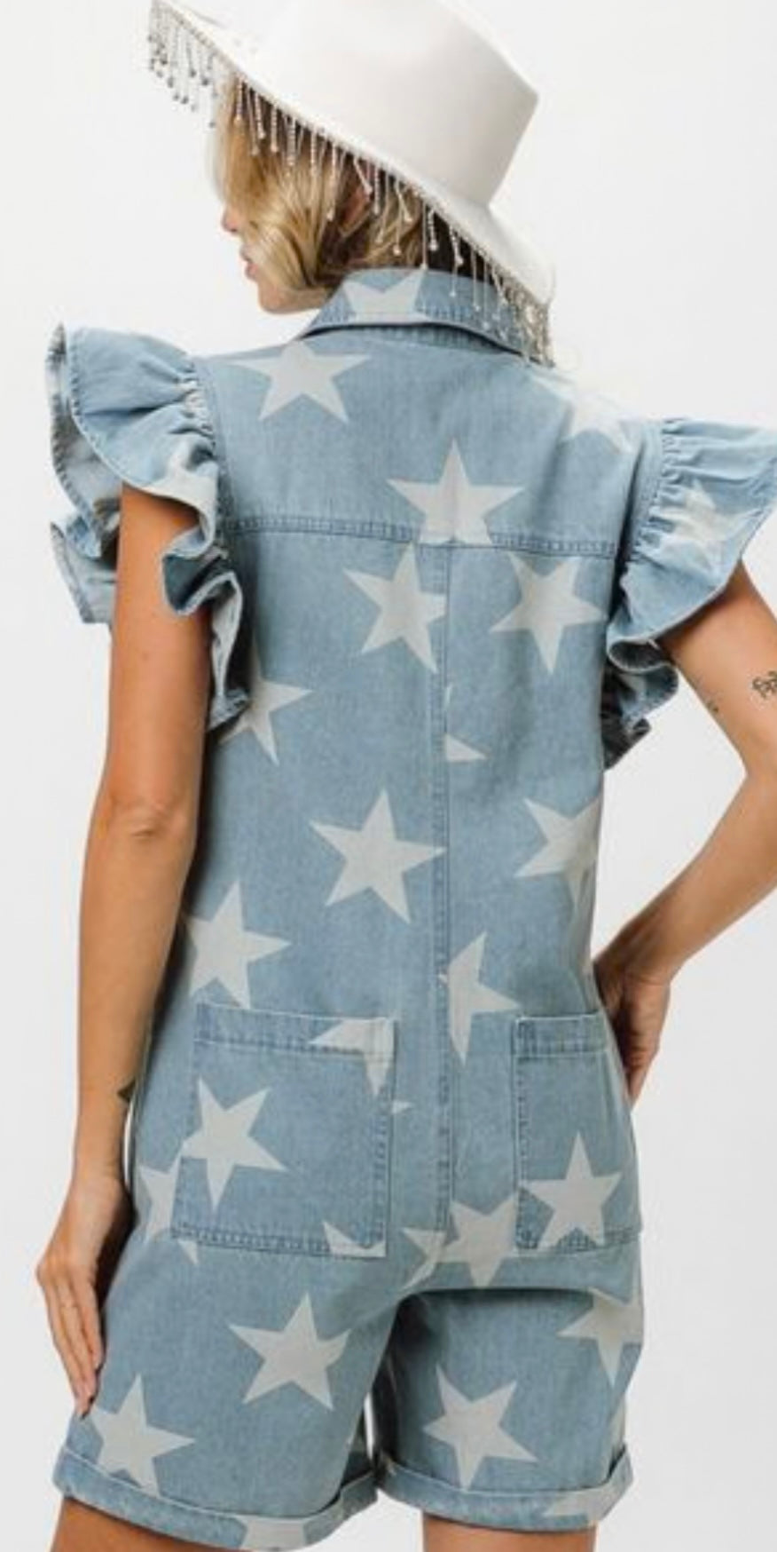 BiBi Ruffled Star Half Zip Denim Romper