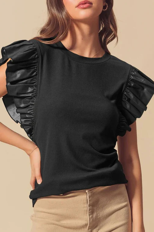 ROCK OUT BLACK RUFFLE SHOULDER BLOUSE **SHIPPING EXPECTED TO BEGIN ON DATE 10/28**