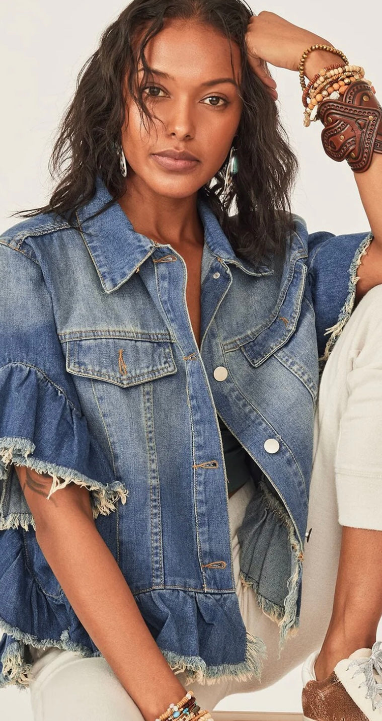 Raw Edge Ruffled Jean Jacket