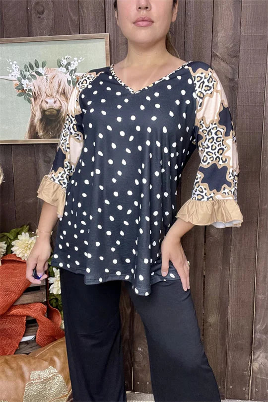 White Dots Printed Black Ruffle Top