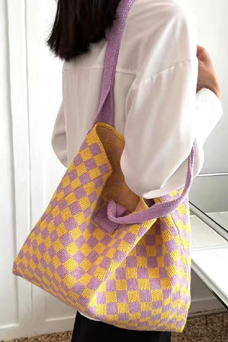 TRAVEL TALES CHECK CROCHET KNIT COMMUTER BAG