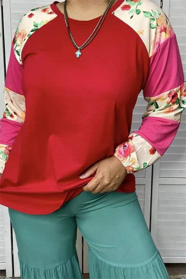 Floral Printed Red Color Block Top