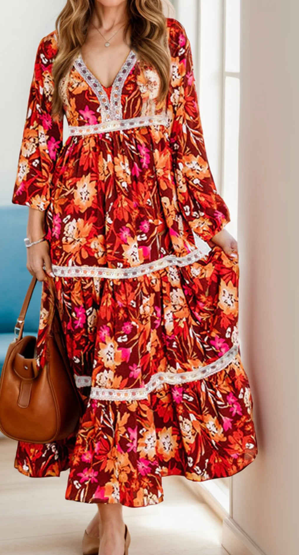 Printed V-Neck Long Sleeve Midi Dress