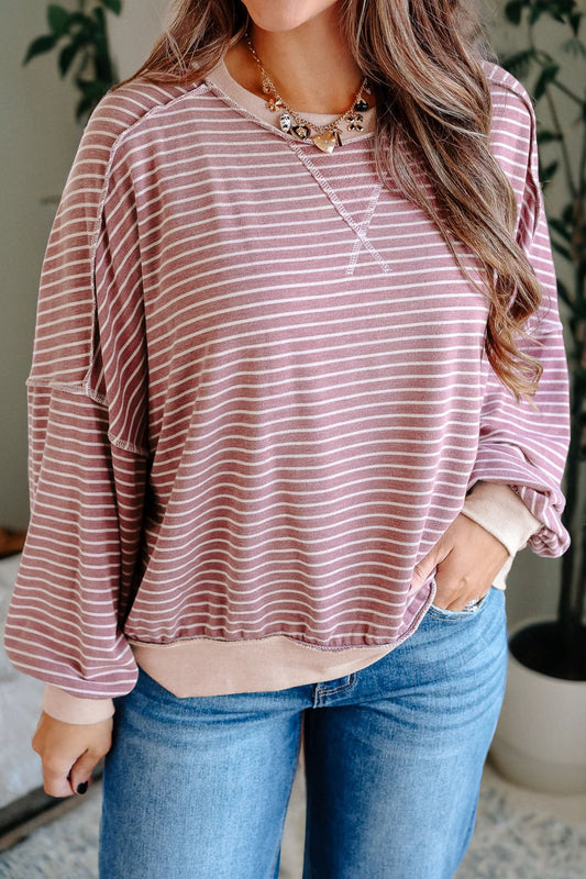 Pink Stripe Exposed Stitching Patchwork Casual Long Sleeve Top Wild and Free Boutique