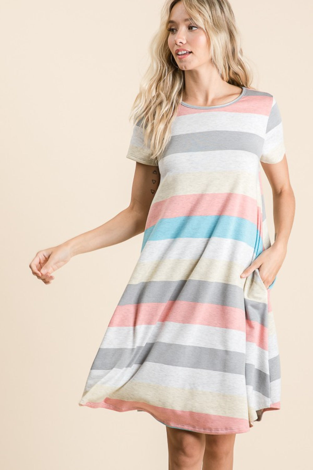 BOMBOM Striped Short Sleeve Dress with Pockets Creative Chaos Boutique