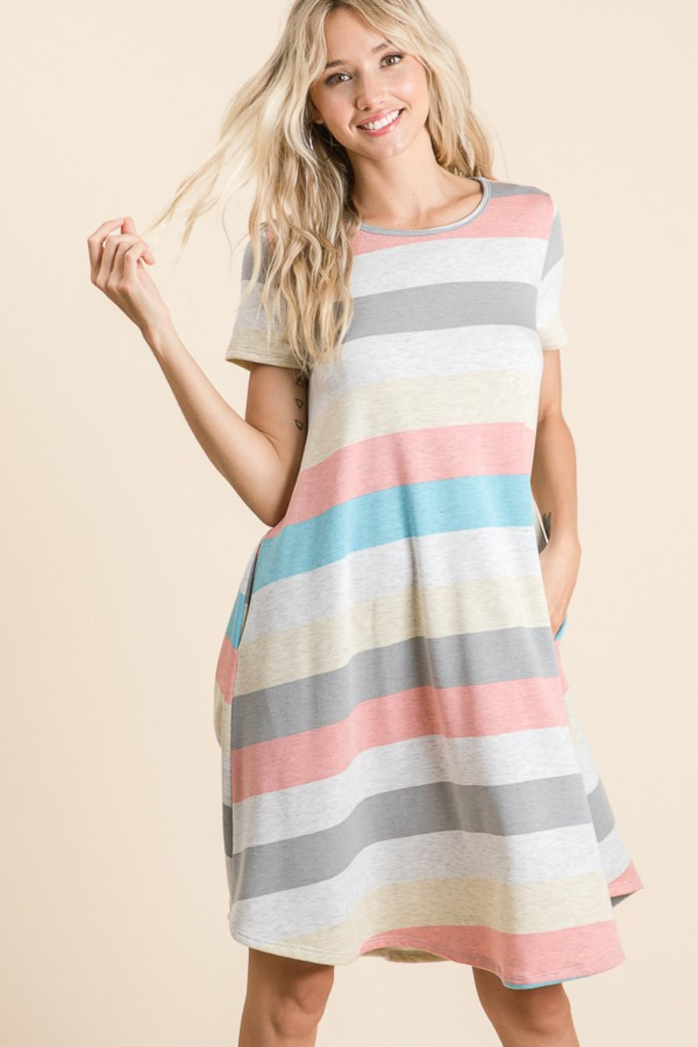 BOMBOM Striped Short Sleeve Dress with Pockets Creative Chaos Boutique