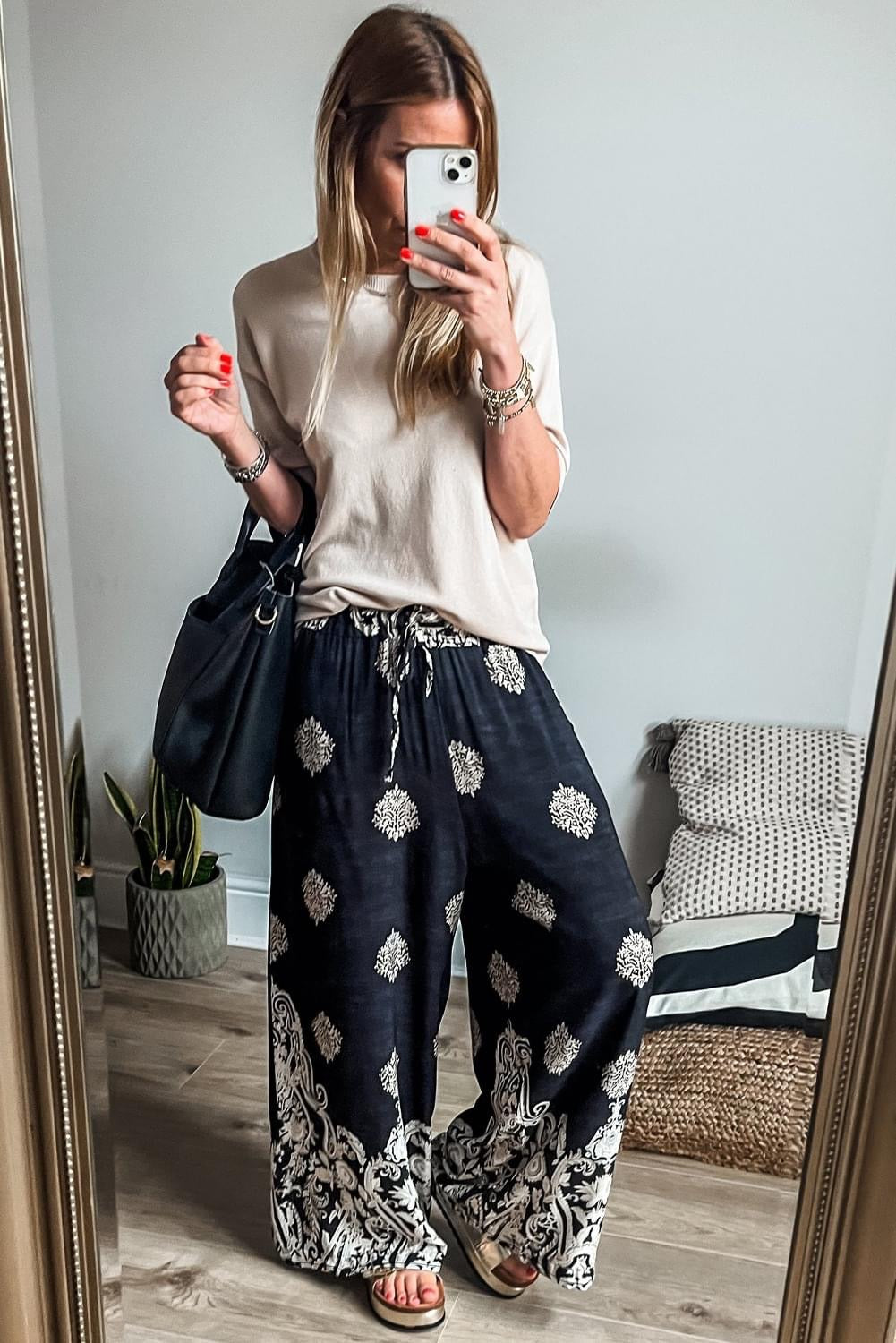 Boho Drawstring Waist Wide Leg Pants