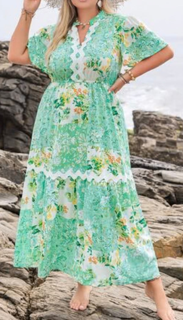 Plus Size Printed Notched Short Sleeve Maxi Dress