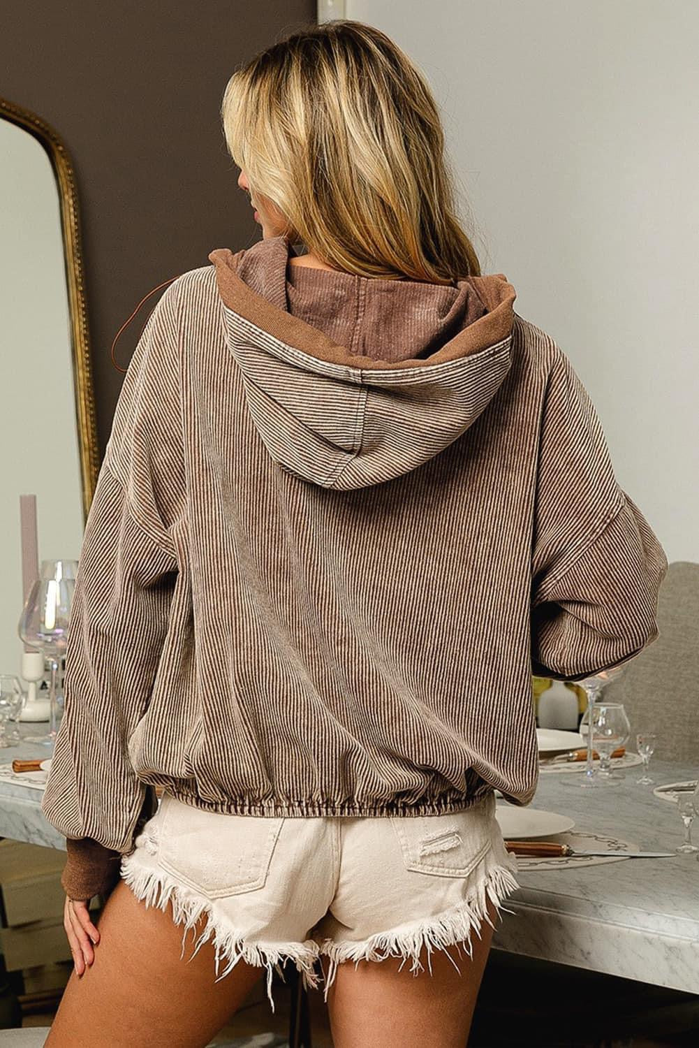 Zipper Kangaroo Pocket Corduroy Hoodie (Ships 9/10)