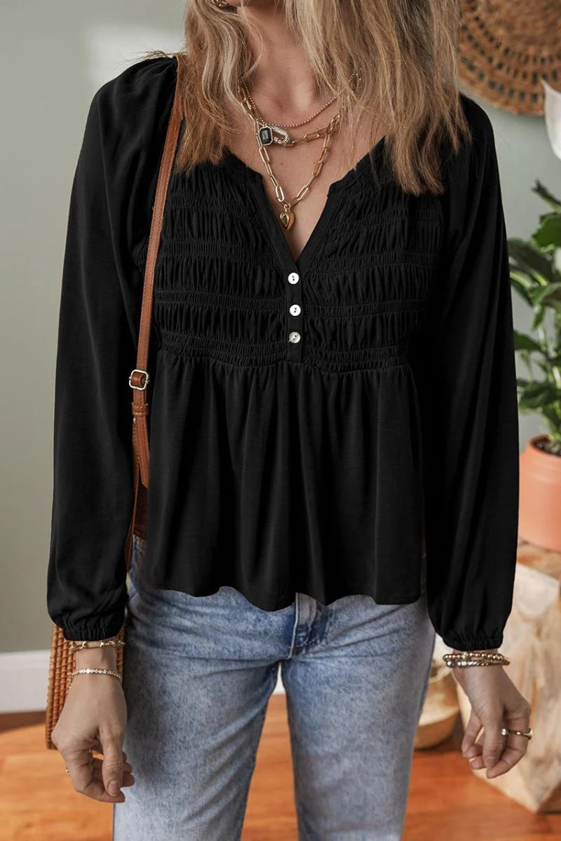 FIRST GLANCE BLACK SMOCKED BUTTON V-NECK BLOUSE **SHIPPING EXPECTED TO BEGIN ON DATE 11/5**