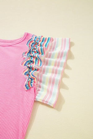 SWEET AS CANDY PINK STRIPED FLUTTER SLEEVE BLOUSE **SHIPPING EXPECTED TO BEGIN ON DATE 3/30**