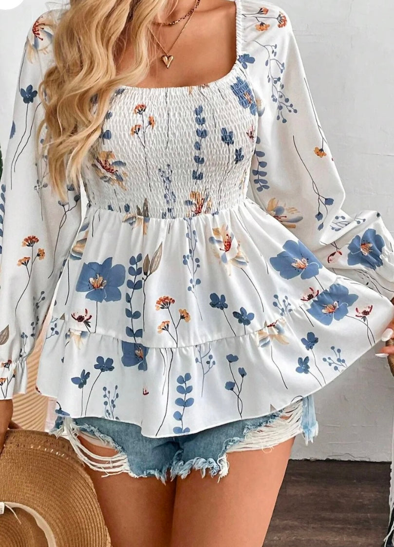 Smocked Floral Scoop Neck Flounce Sleeve Blouse