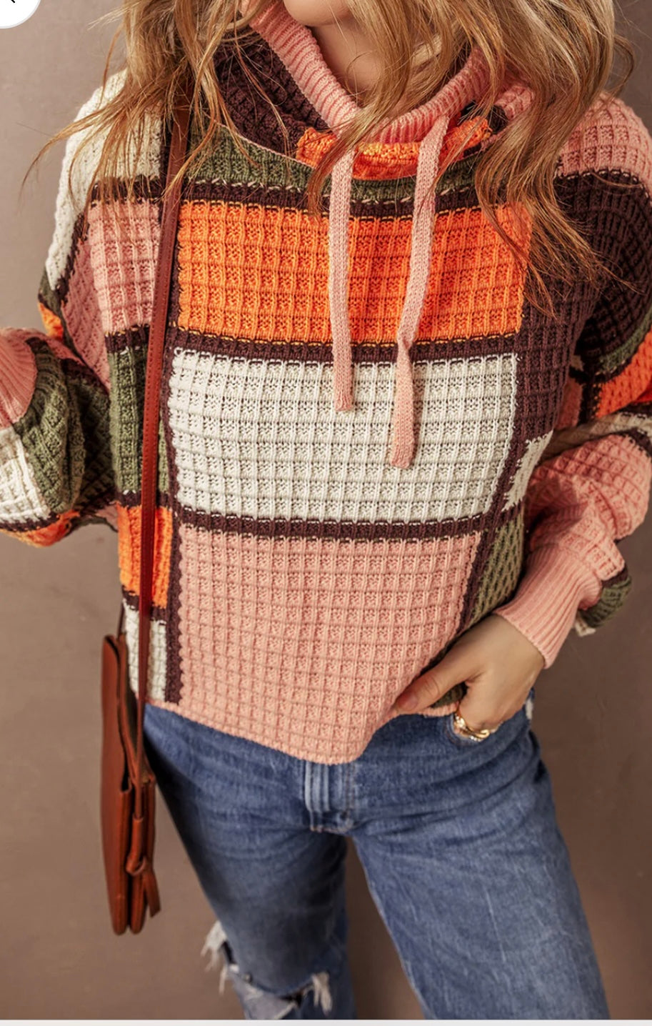 Color Block Waffle Drawstring Mock Neck Sweater