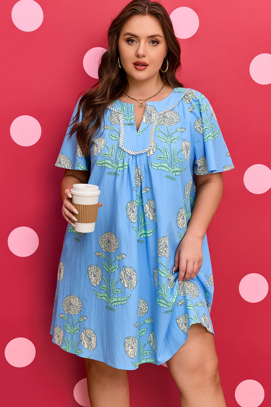 Sky Blue Plus Periwinkle Floral Printed Short Sleeve Striped Trim Split Neck Mini Dress Wild and Free Boutique