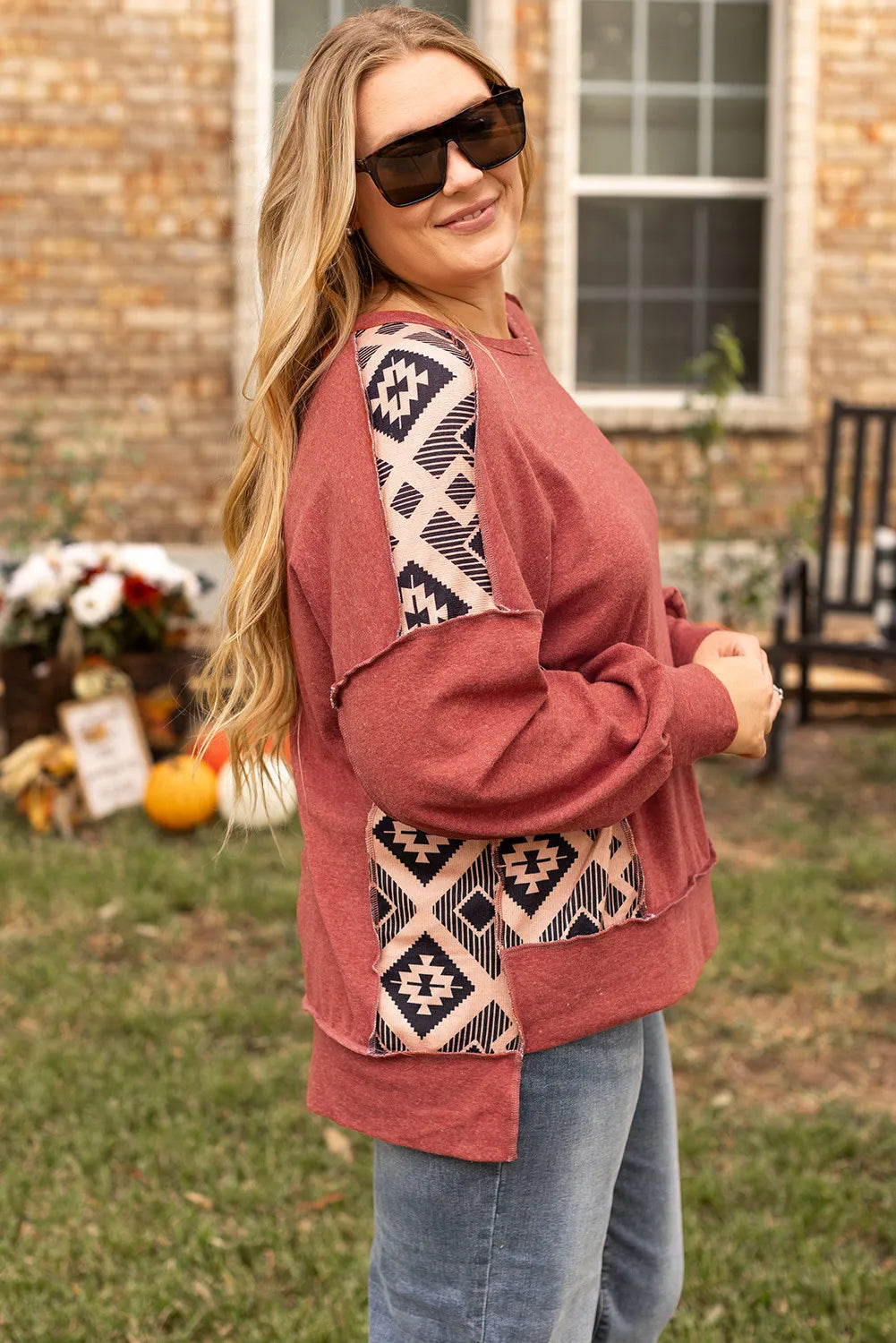 Plus Size Geometric Round Neck Long Sleeve Sweatshirt Creative Chaos Boutique