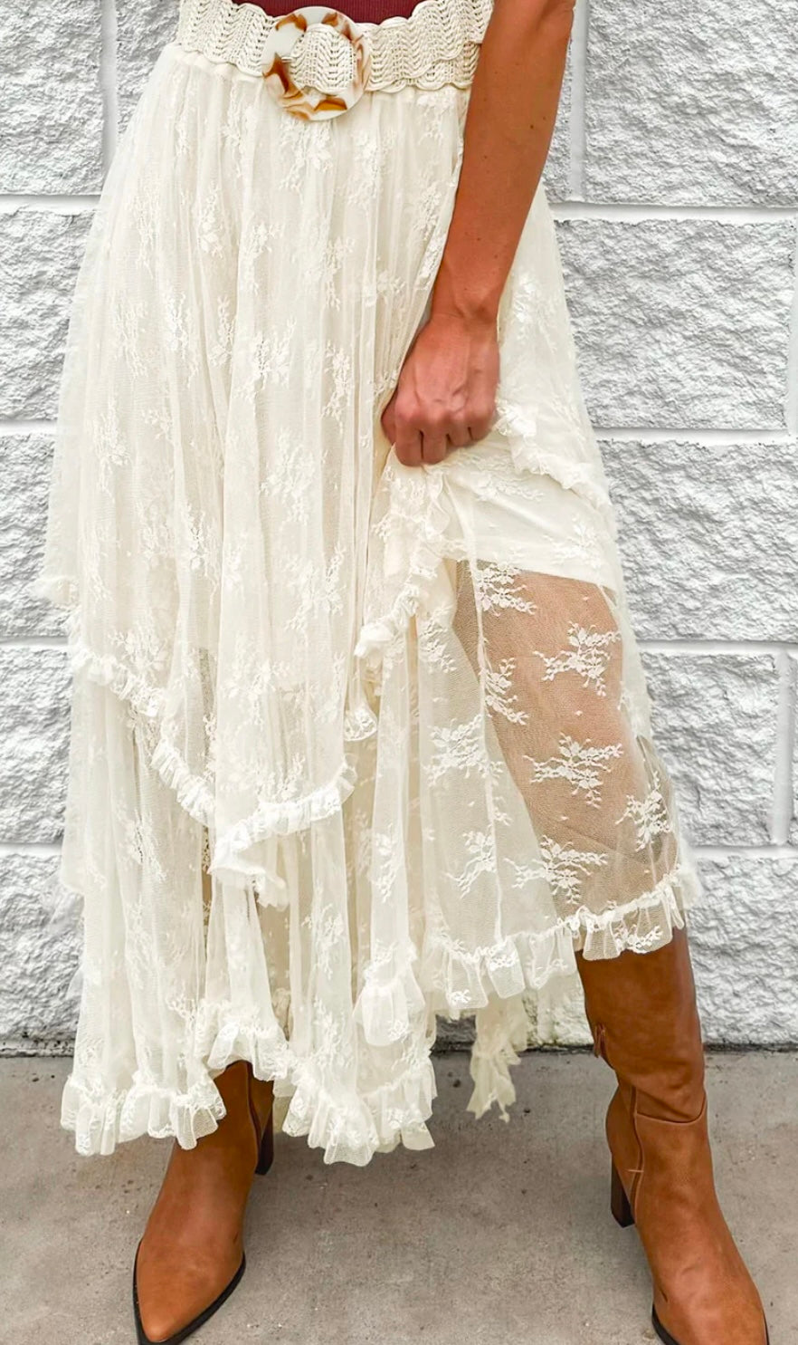 Lace Cascading Tiered High Waist Maxi Skirt