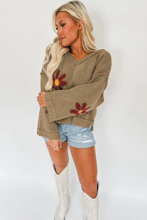 Sage Green Flower Ribbed V Neck Sweater