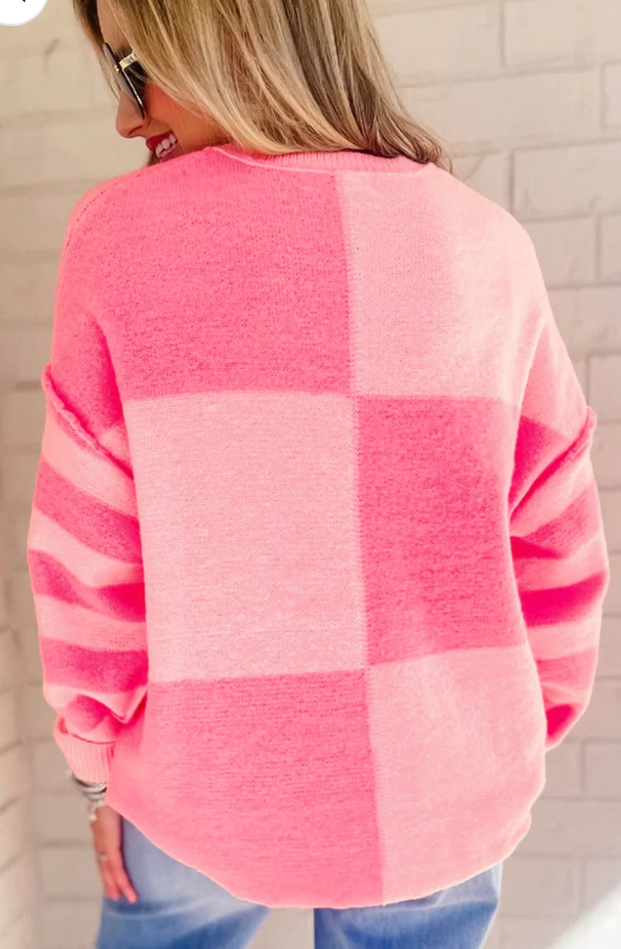Pink Checkered Striped Sleeve Sweater