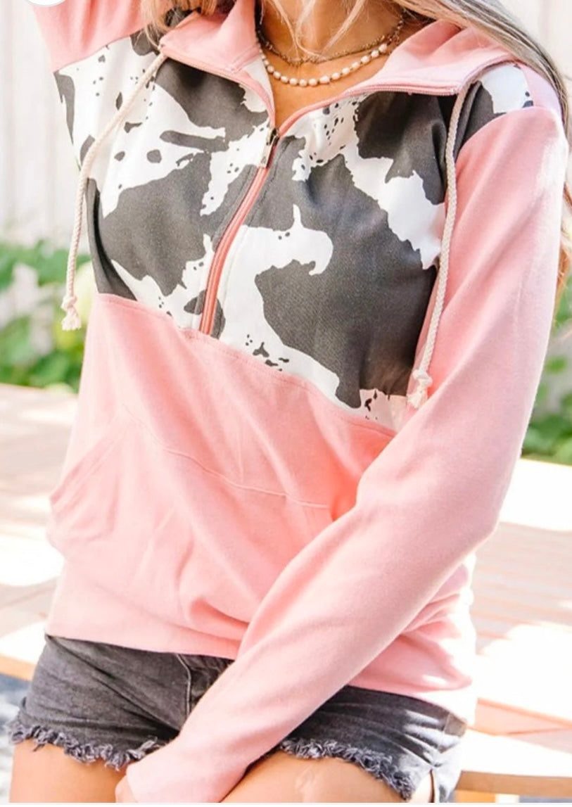 Cow Print Half Zip Drawstring Hoodie