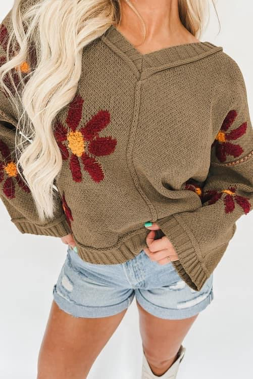 Sage Green Flower Ribbed V Neck Sweater