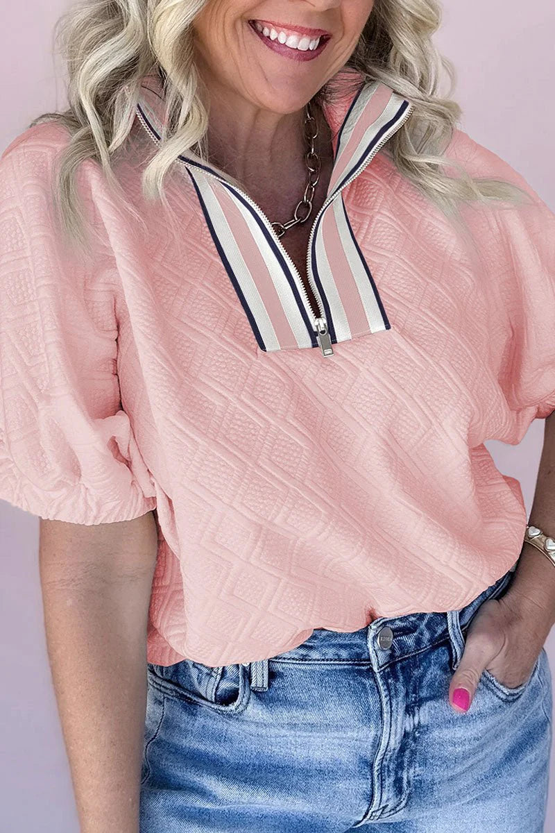 MAKE YOUR MOVE STRIPED COLLAR LIGHT PINK TEXTURED BLOUSE **SHIPPING EXPECTED TO BEGIN ON DATE 4/30**