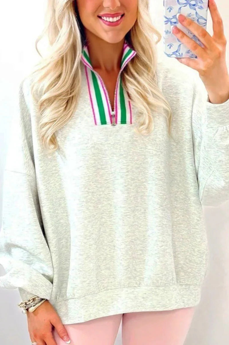 LIGHT GRAY STRIPED COLLAR PULLOVER **SHIPPING EXPECTED TO BEGIN ON DATE 9/10**