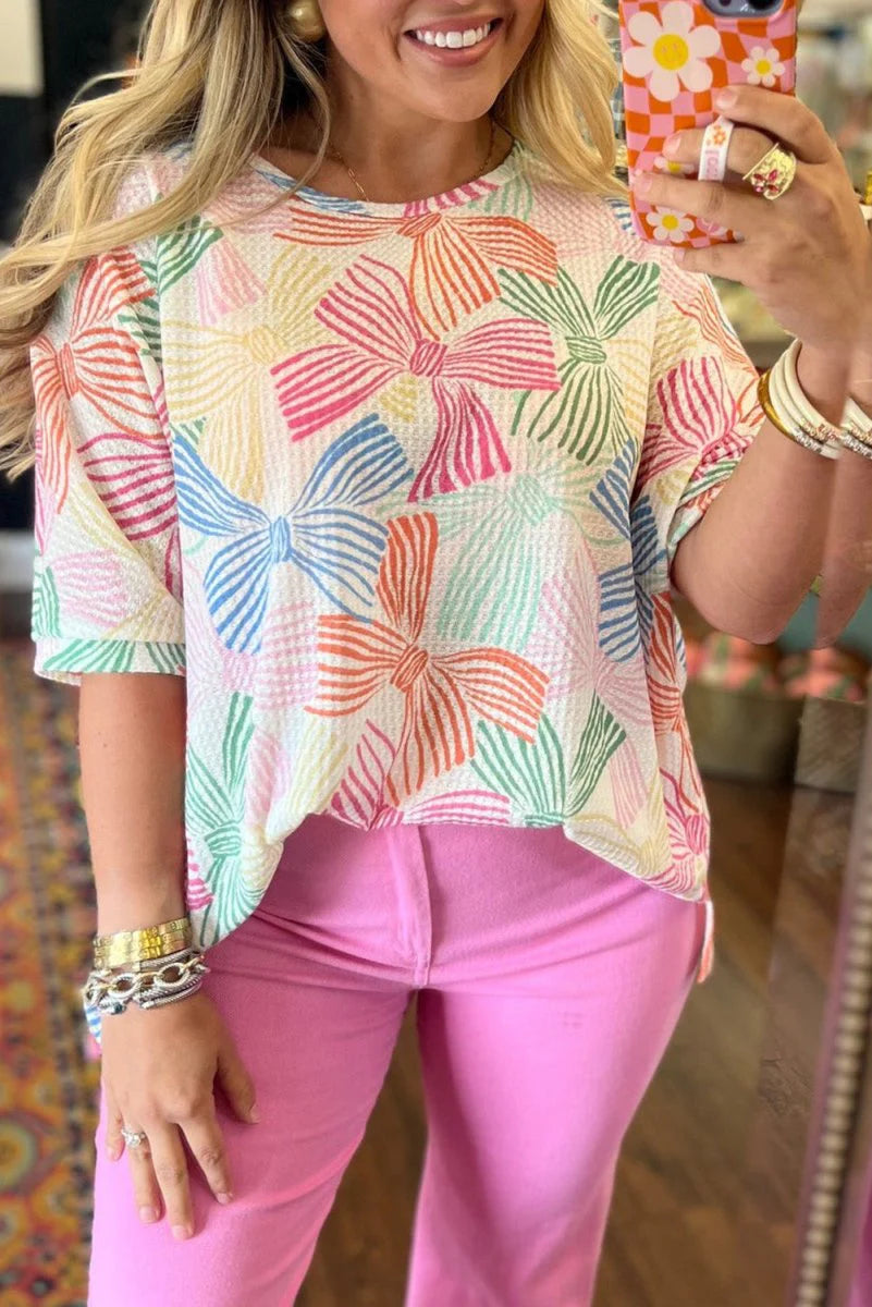 RIBBON ROMANCE MULTI-COLOR WAFFLE KNIT LOOSE TEE **SHIPPING EXPECTED TO BEGIN ON DATE 3/12**