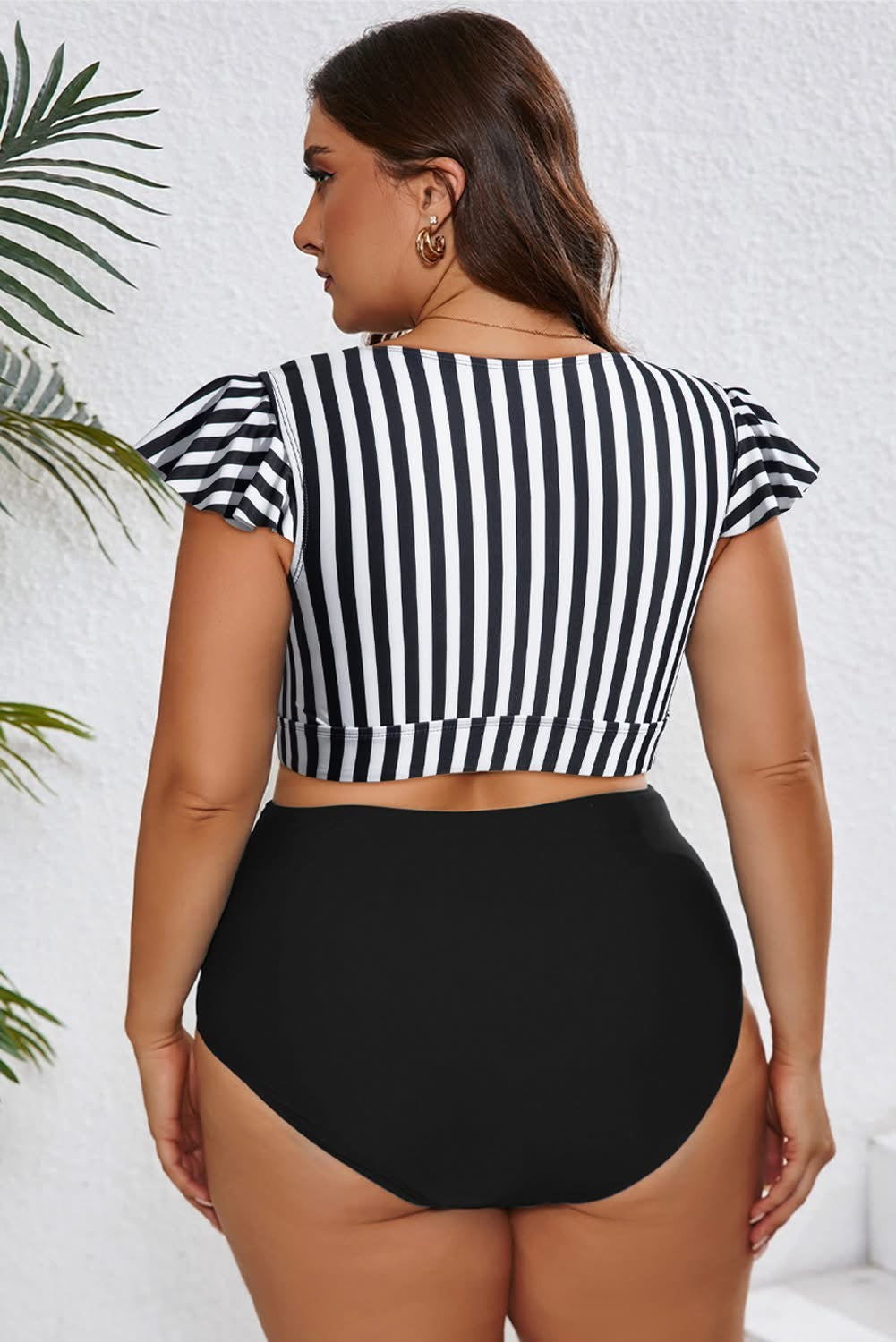 Black Stripe Knot Ruffle Sleeve and High Waisted 2pcs Swimsuit