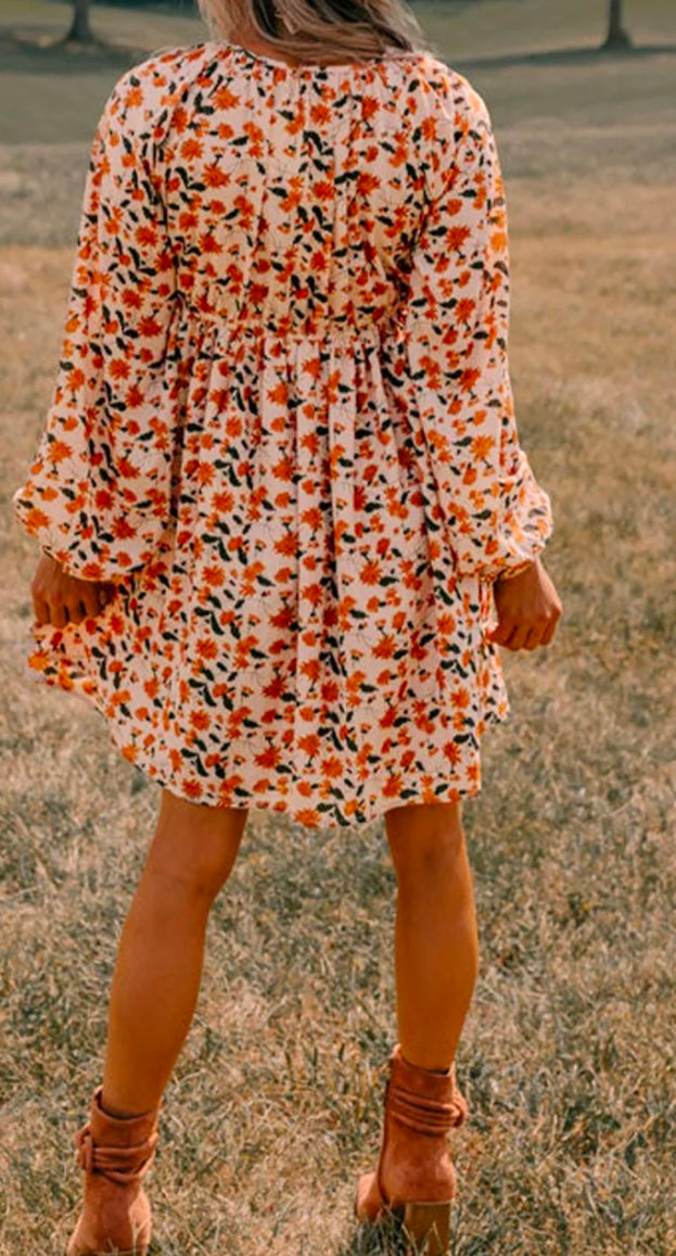 Smocked Printed V-Neck Long Sleeve Dress