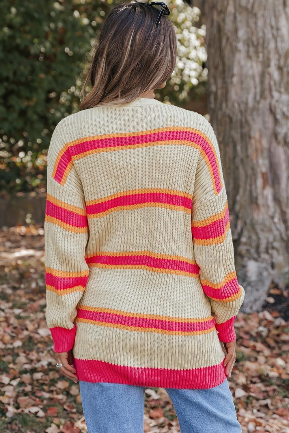Stripe Printed Ribbed Knitted Cardigan