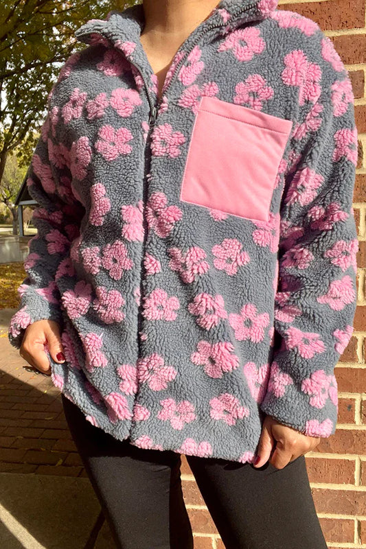 Pink Flower Grey Sherpa Shacket