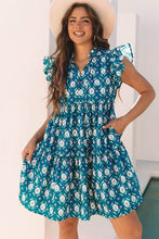 Load image into Gallery viewer, Blue Floral Split Neck Ruffle Short Sleeve Dress

