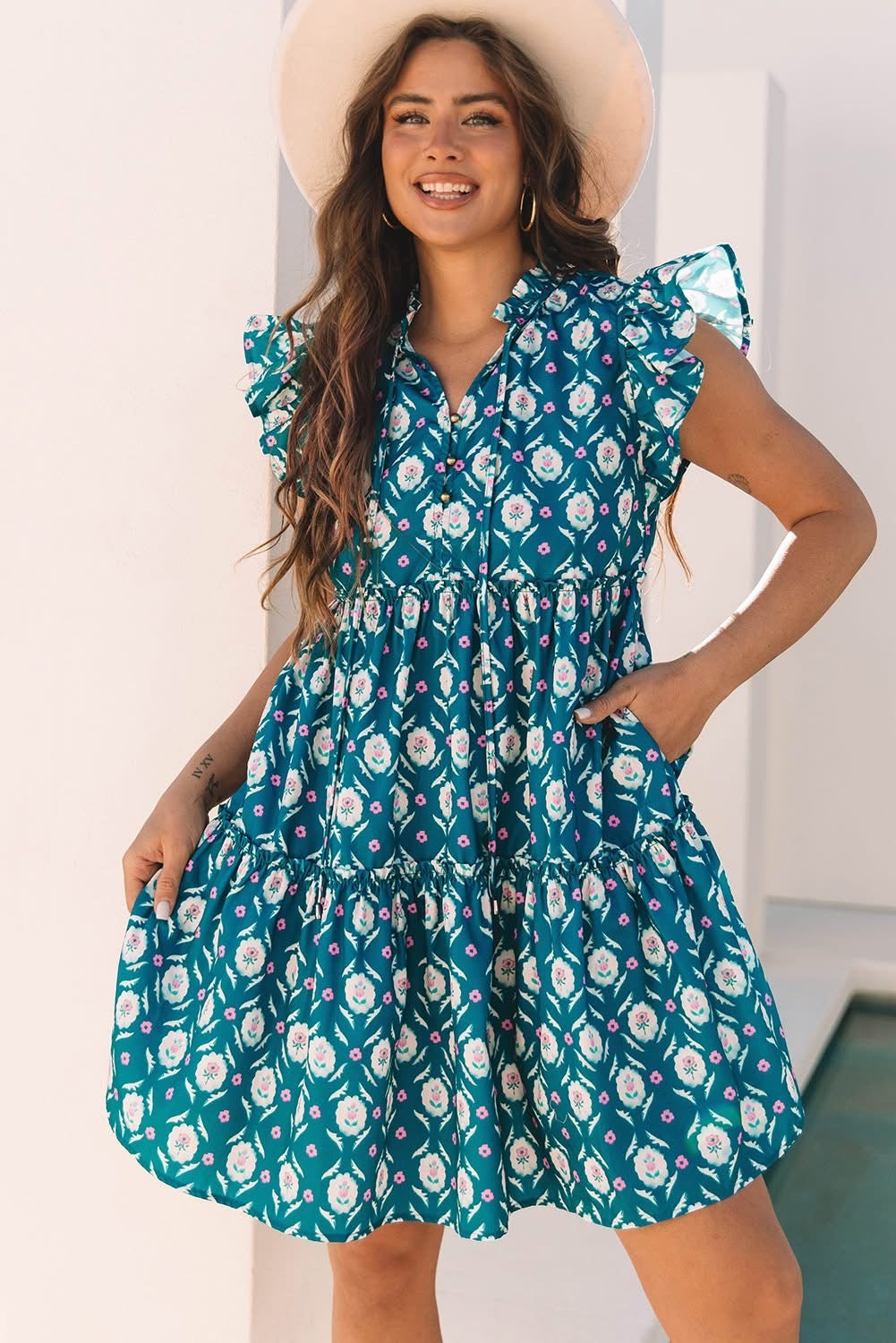 Blue Floral Split Neck Ruffle Short Sleeve Dress
