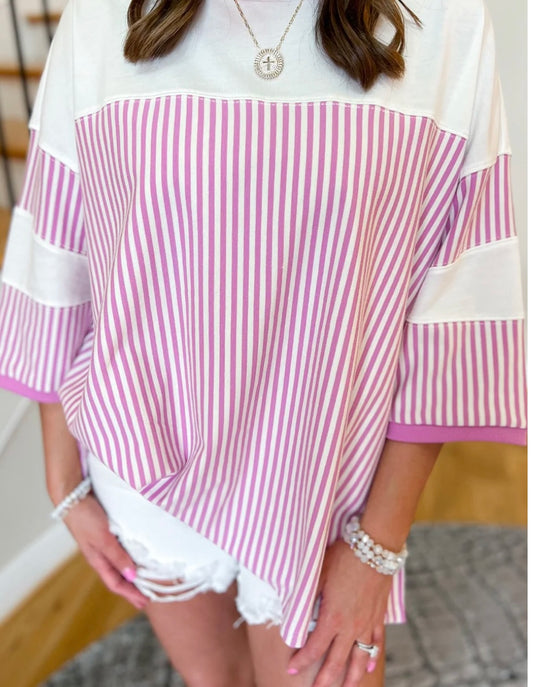Plus Size Stripe Patchwork Sleeve Top
