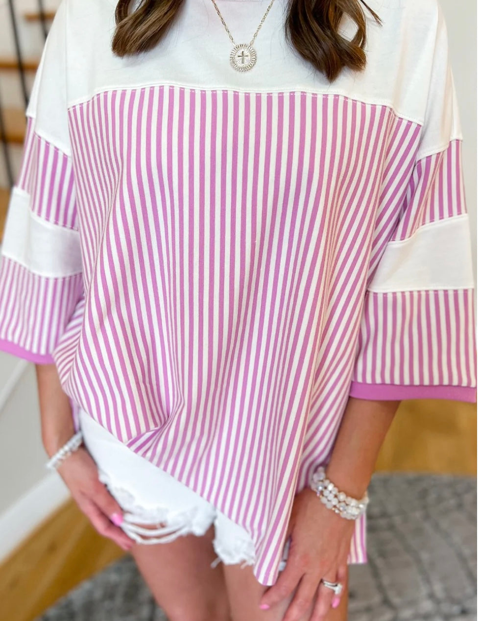 Plus Size Stripe Patchwork Sleeve Top