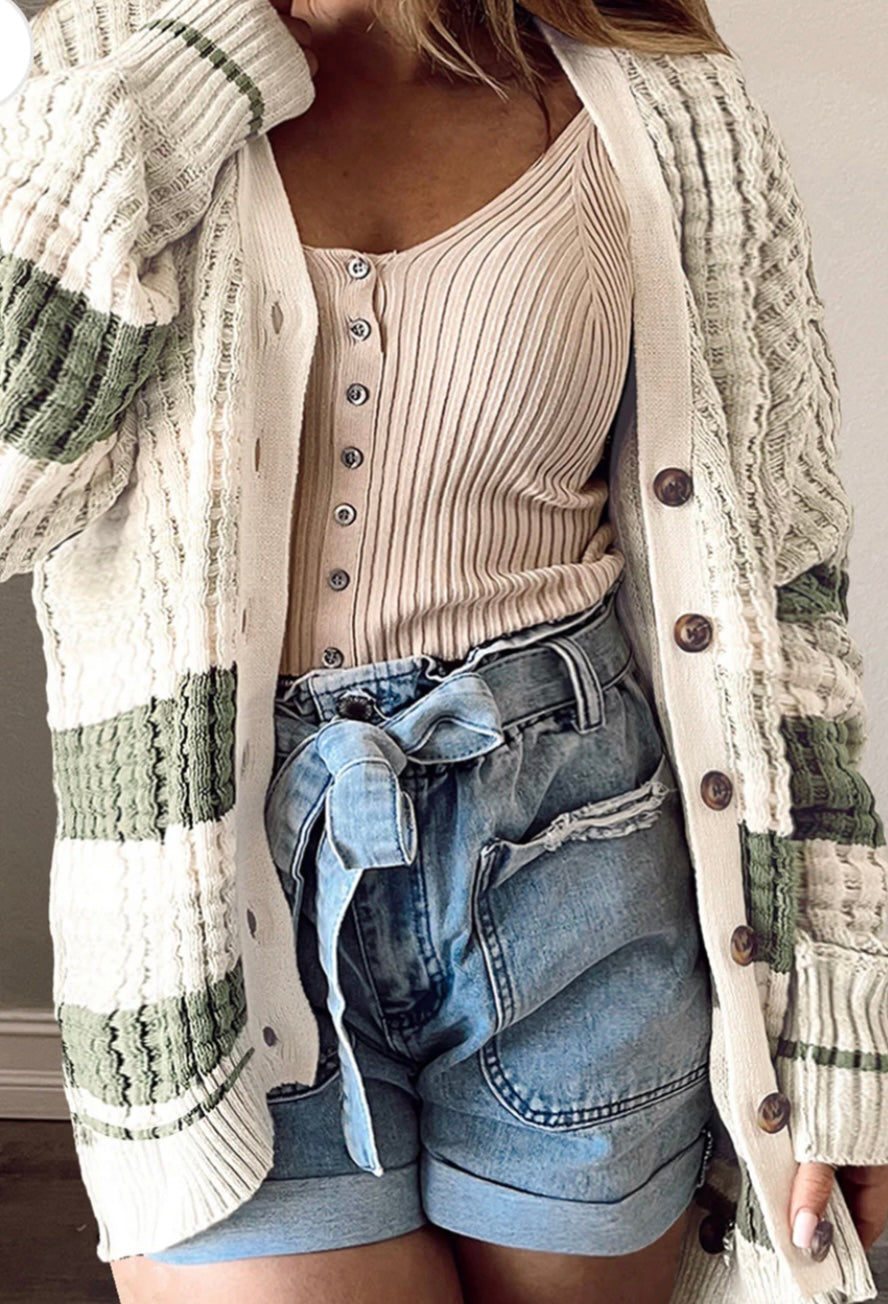 Plus Size Striped Button Up Dropped Shoulder Cardigan