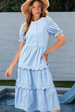 Load image into Gallery viewer, Sky Blue Stripe Bubble Sleeve tiered Dress
