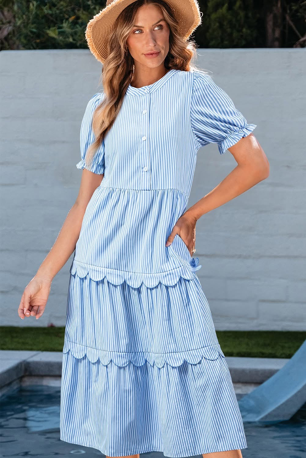 Sky Blue Stripe Bubble Sleeve tiered Dress