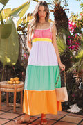 Multicolour Colorblock tie straps FLowy maxi dress