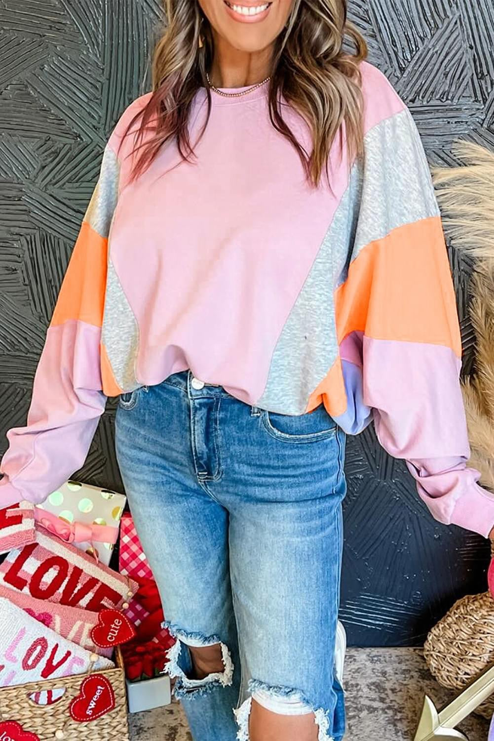 Light Pink Color Block Batwing Sweatshirt