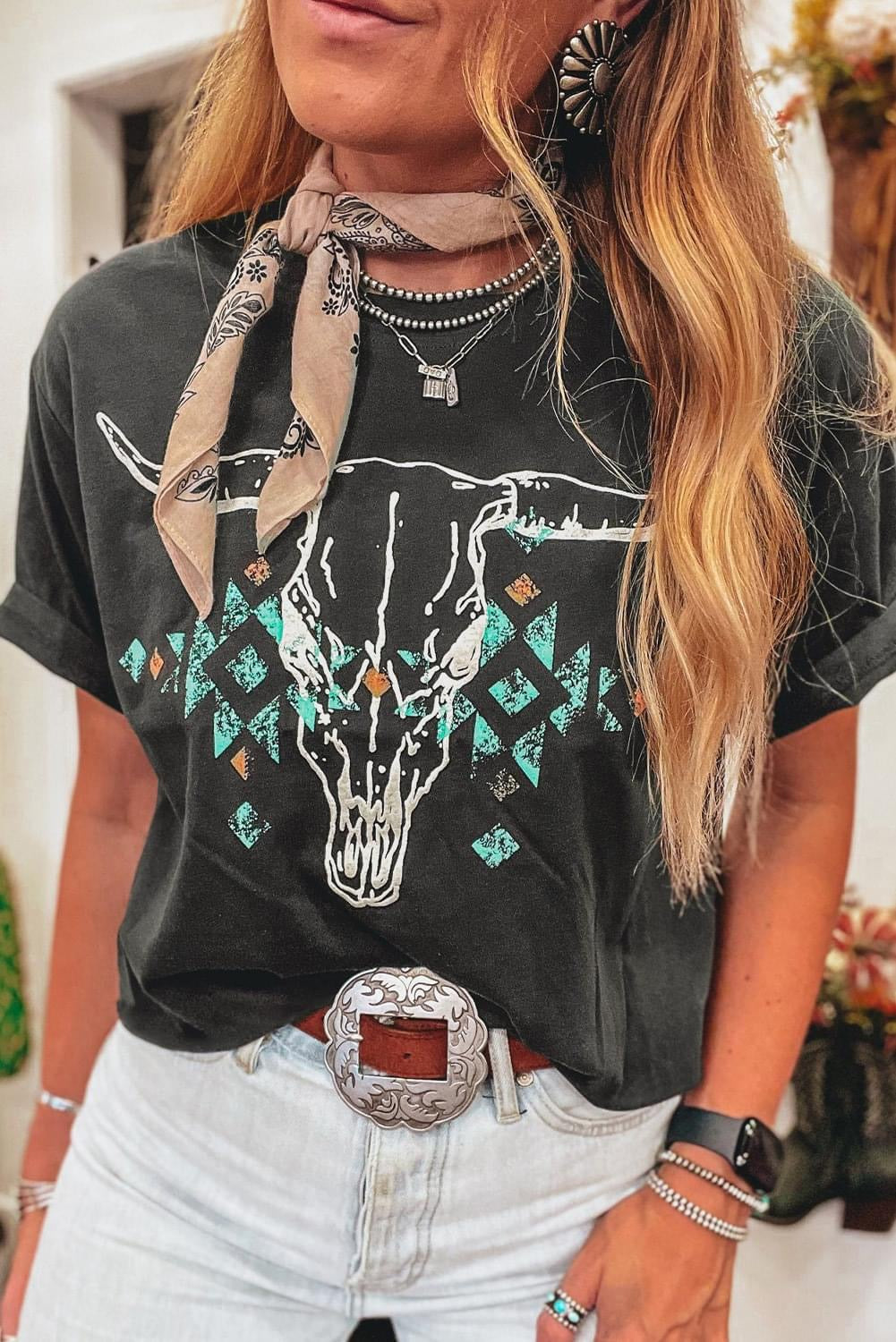 Grey Vintage Western Bull Aztec Graphic Tee